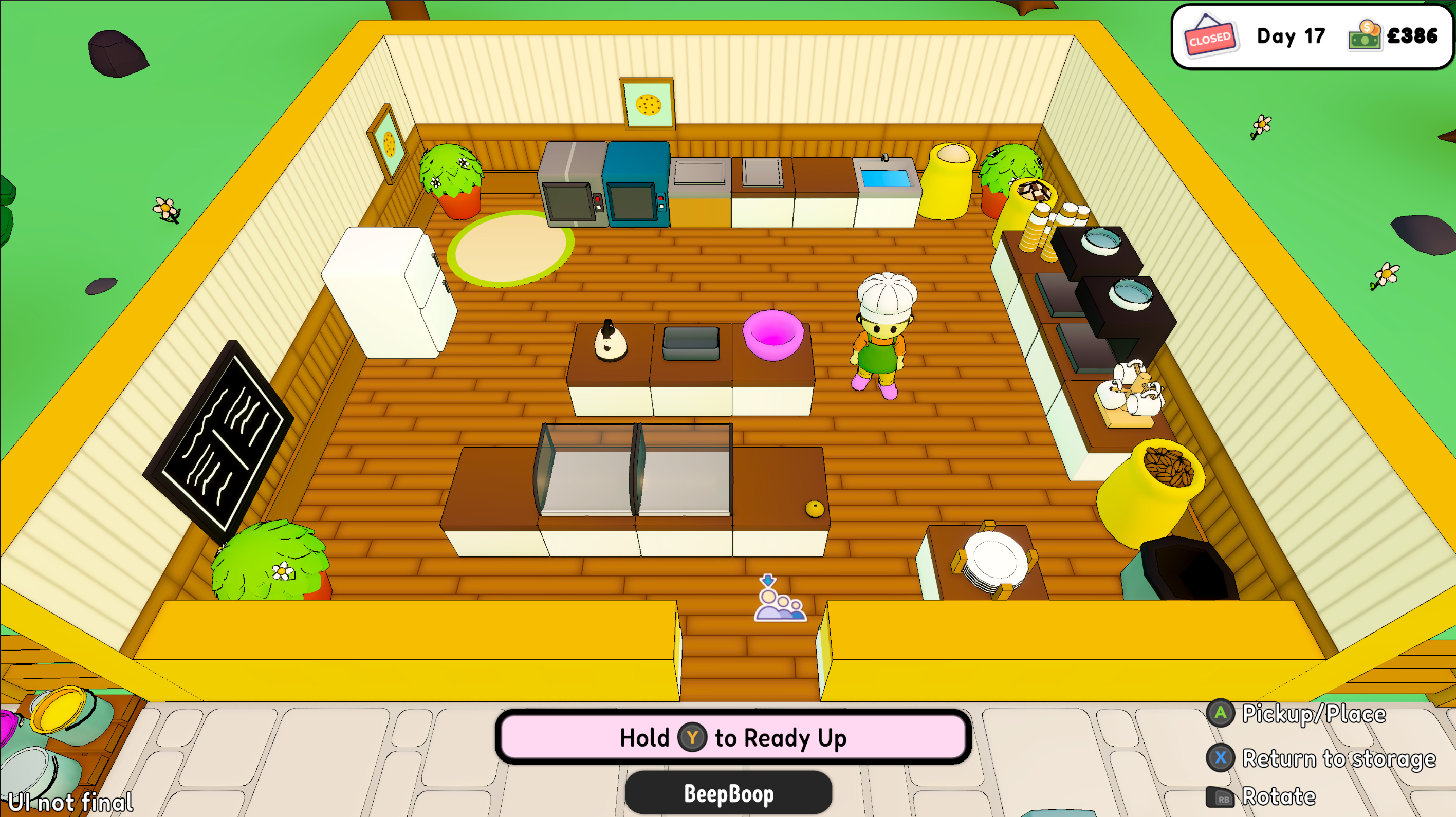 Customers waiting outside a bakery staffed by four players